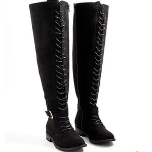 DOUBLE BUCKLE OVER THE KNEE BOOT - FAUX SUEDE BLACK (WW)